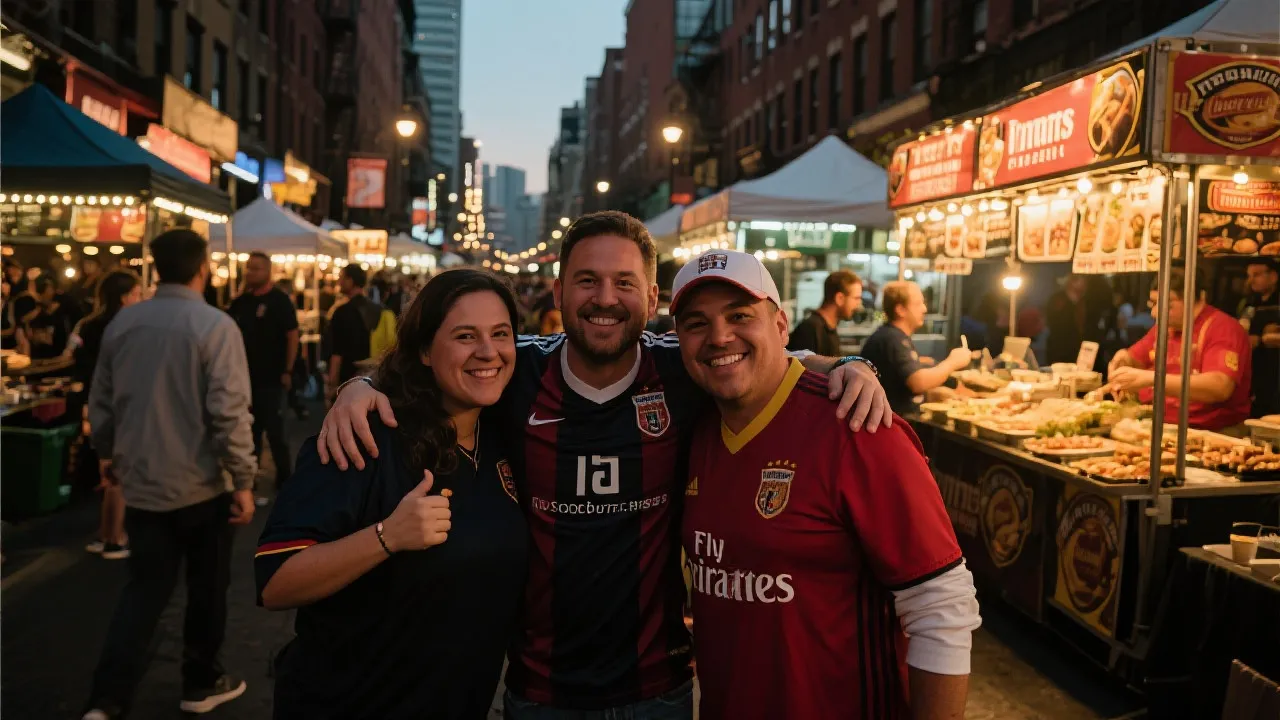 赛前街区集市与球迷围巾，美食摊位灯光，温暖人情味