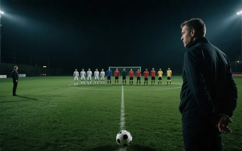 点球大战前球员在中圈等待的紧张氛围，电影感灯光