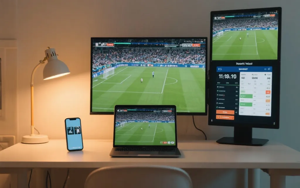 桌面双屏线上观赛与客厅电视大屏对比的观赛场景