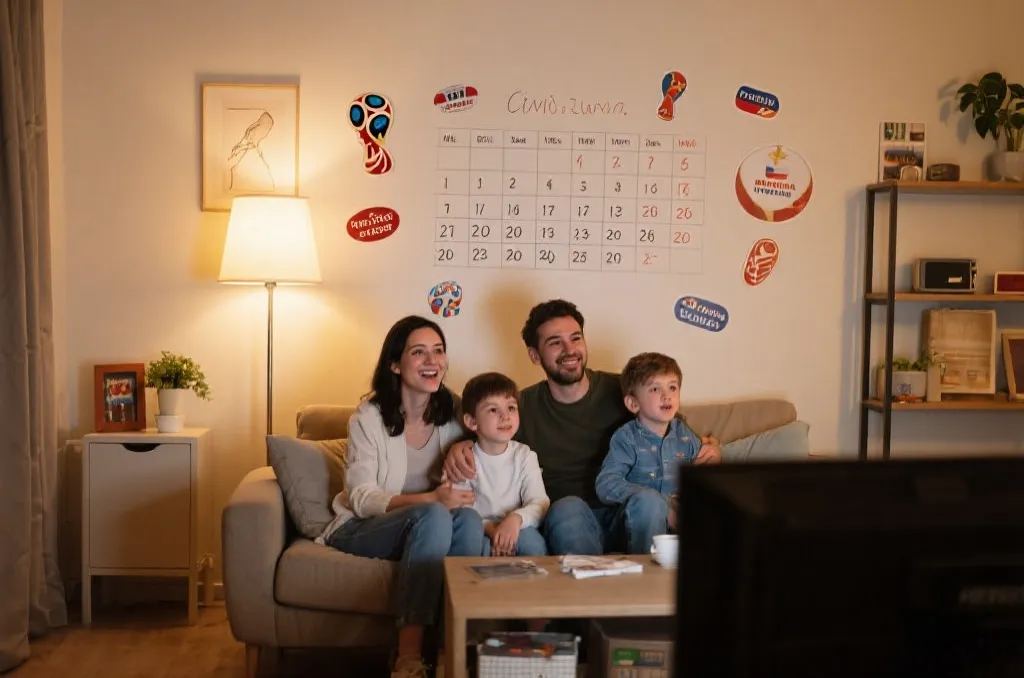 情侣和家人围坐在客厅观看世界杯并在墙上记录赛程